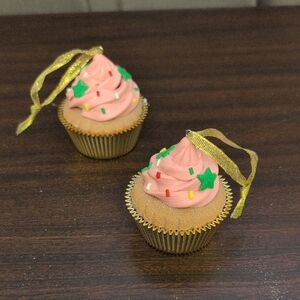Pink Cupcake Ornaments with Gold Holders X2